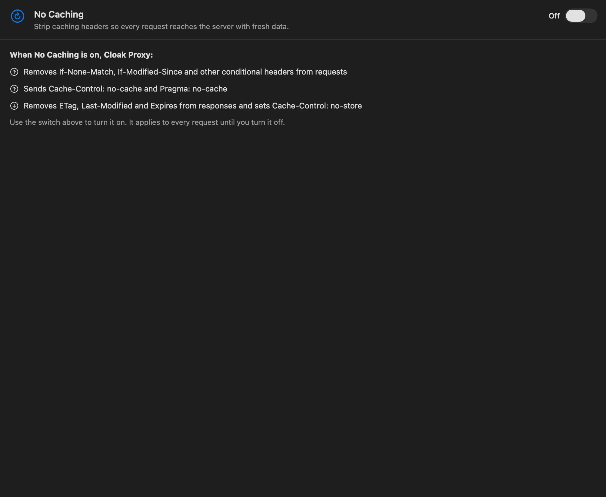 The No Caching tool, switched off, listing the request and response headers it changes