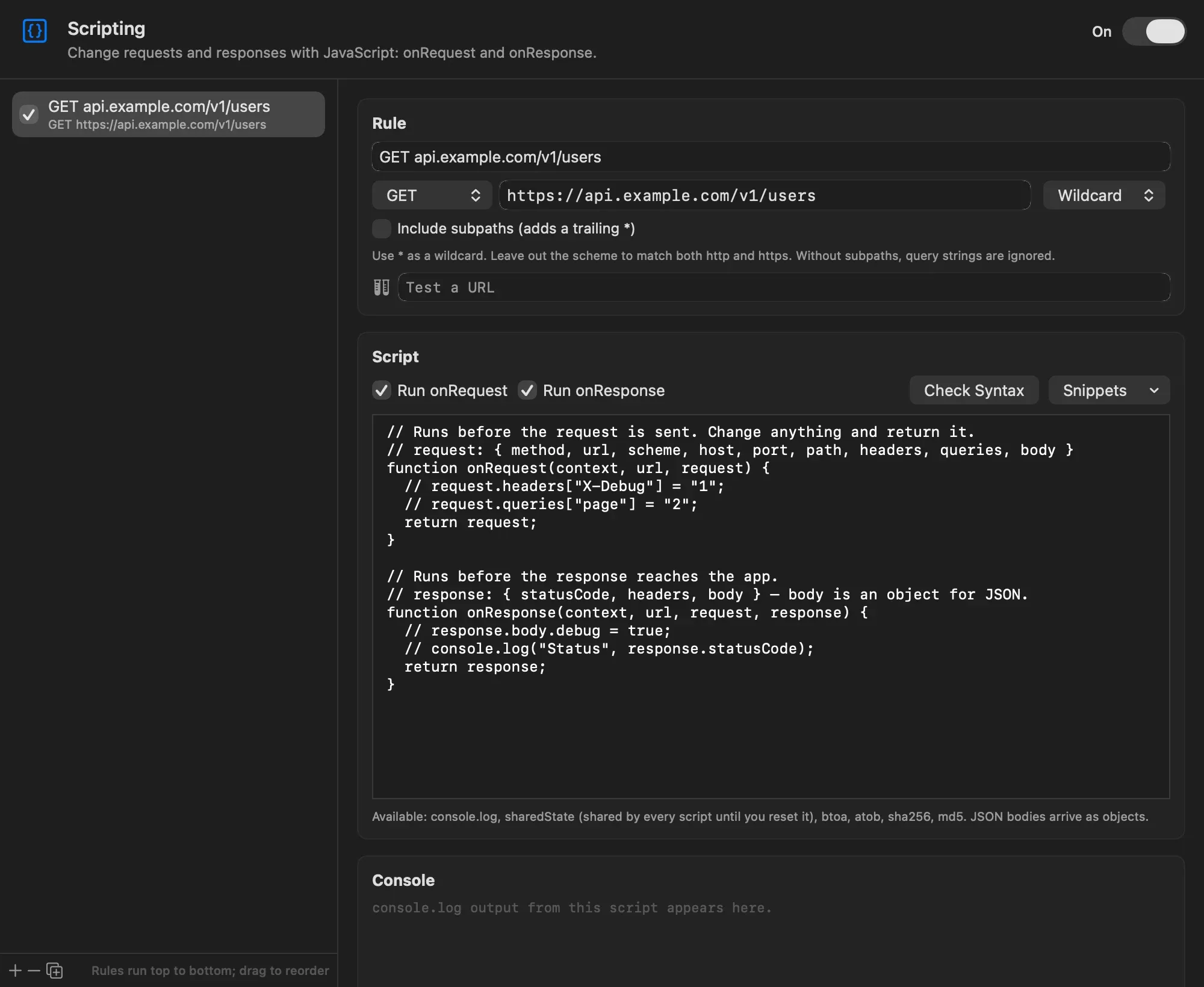 A Scripting rule for GET https://api.example.com/v1/users showing the starter script with onRequest and onResponse, Check Syntax and Snippets buttons, and an empty console
