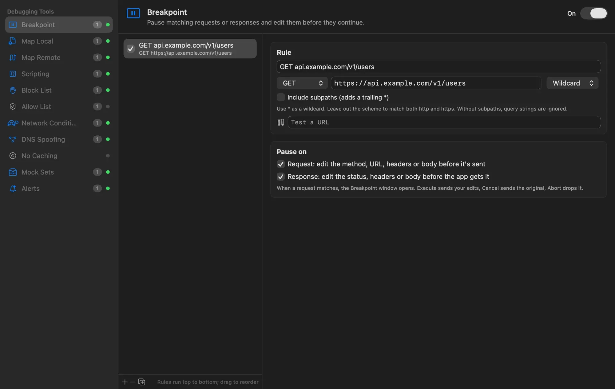 The Debugging Tools window listing Breakpoint, Map Local, Map Remote, Scripting, Block List, Allow List, Network Conditions, DNS Spoofing, No Caching, Mock Sets and Alerts, with a Breakpoint rule for GET api.example.com/v1/users open