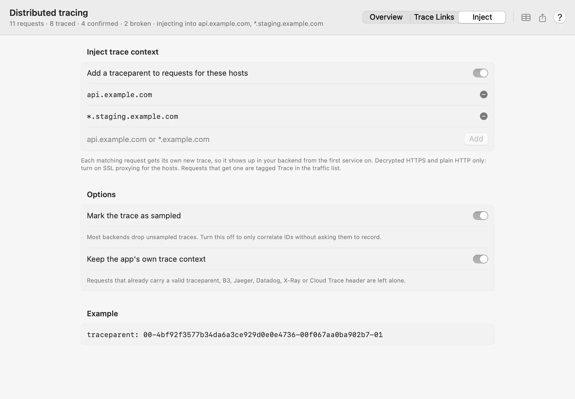 The Inject tab: Add a traceparent to requests for these hosts turned on for api.example.com and *.staging.example.com, Mark the trace as sampled and Keep the app's own trace context turned on, and an example traceparent header