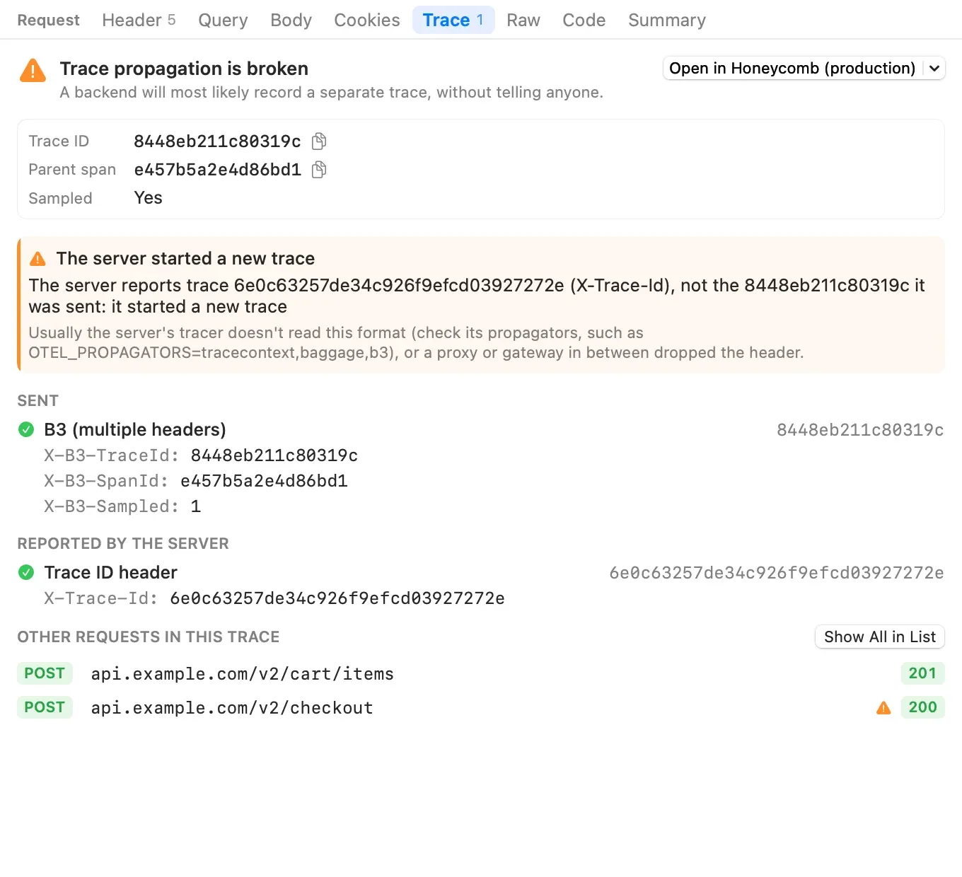 The Trace tab for a payment request: Trace propagation is broken. The server reports trace 6e0c63257de34c926f9efcd03927272e in X-Trace-Id, not the 8448eb211c80319c it was sent, with advice about propagators and gateways