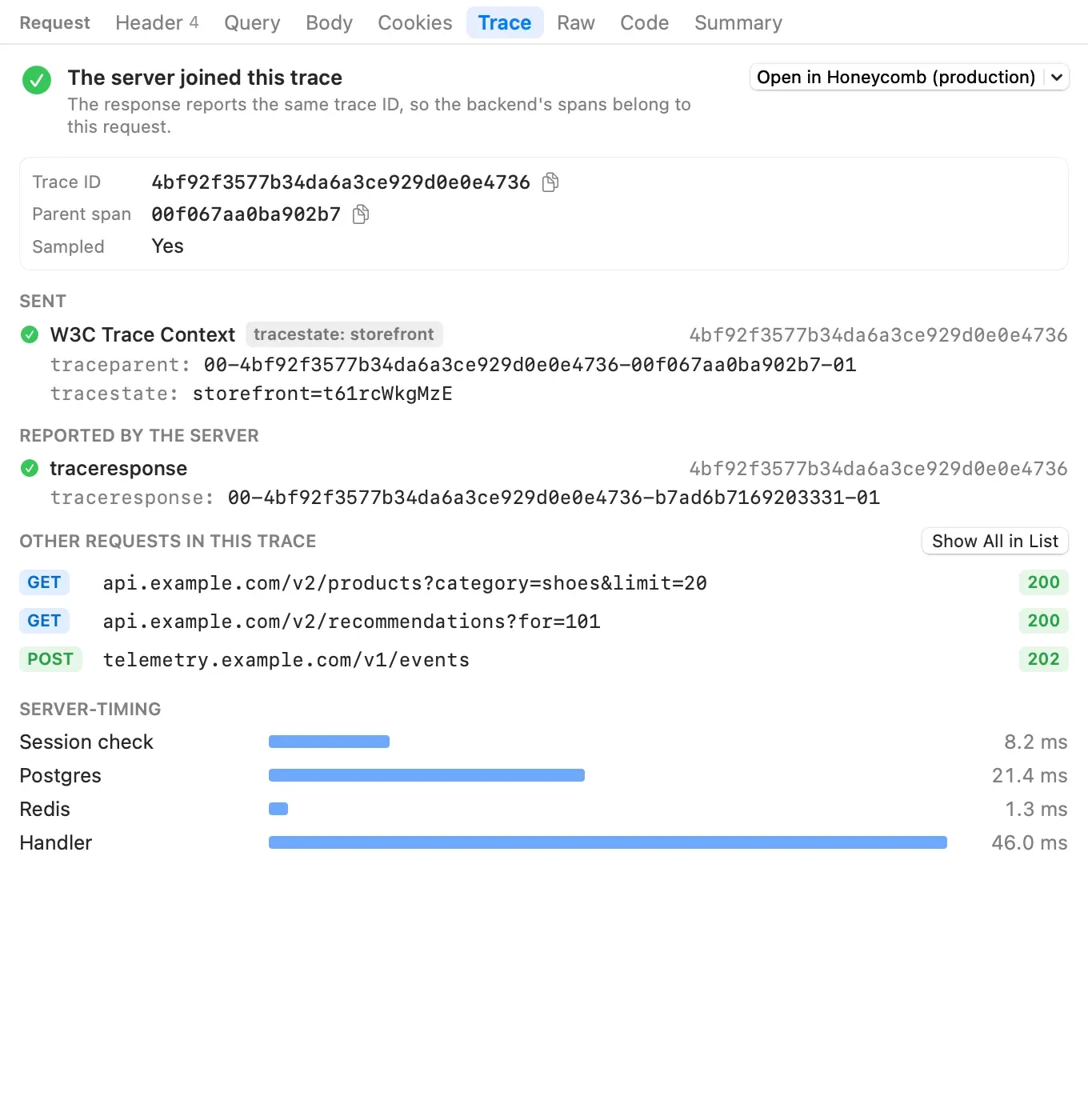 The inspector's Trace tab: The server joined this trace, with an Open in Honeycomb button; the trace ID, parent span and Sampled Yes; the W3C traceparent and tracestate that were sent; the traceresponse the server returned; three other requests in the same trace; and Server-Timing bars for session check, Postgres, Redis and the handler