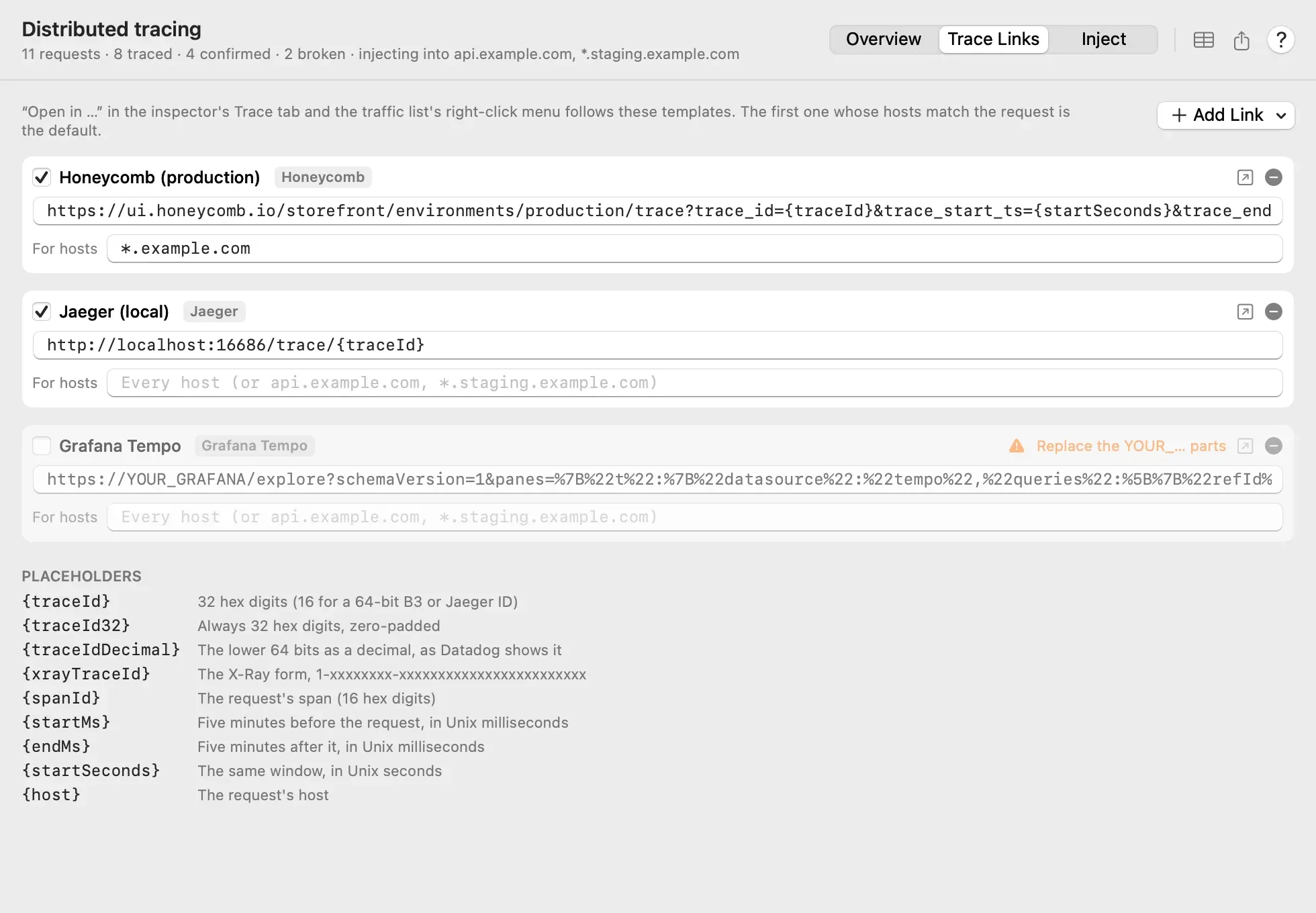 The Trace Links tab of the Distributed Tracing window: a Honeycomb link for *.example.com with its URL template, a Jaeger link for every host, and a disabled Grafana Tempo link with a warning to replace its YOUR_ parts, followed by the list of placeholders