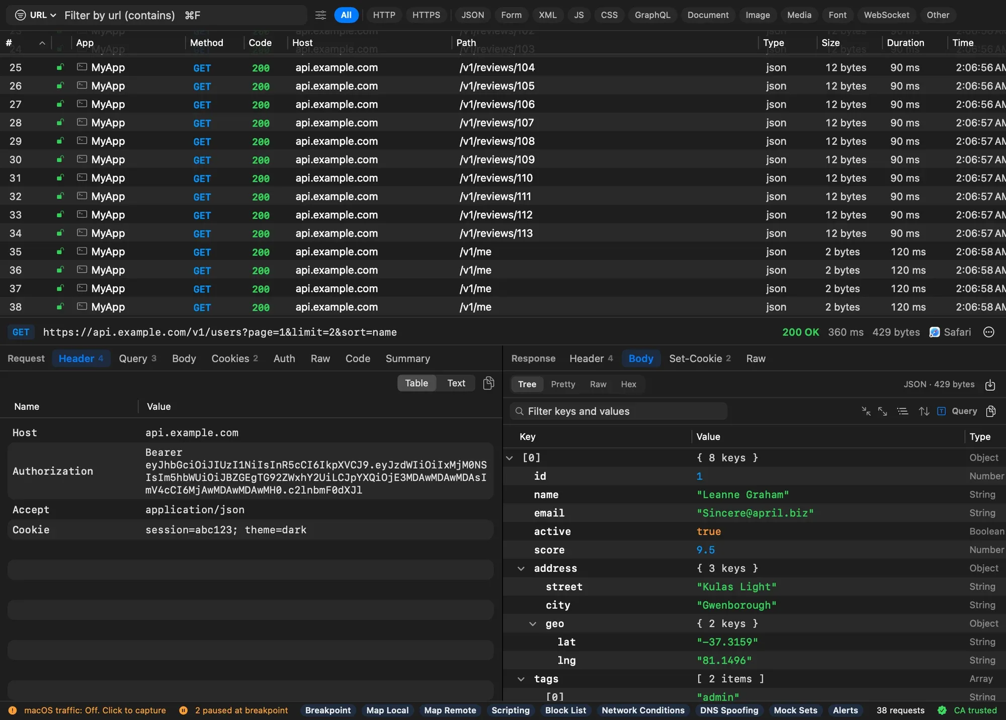 Cloak Proxy's traffic list of decrypted requests to api.example.com, with the selected request's headers and its JSON response body shown below