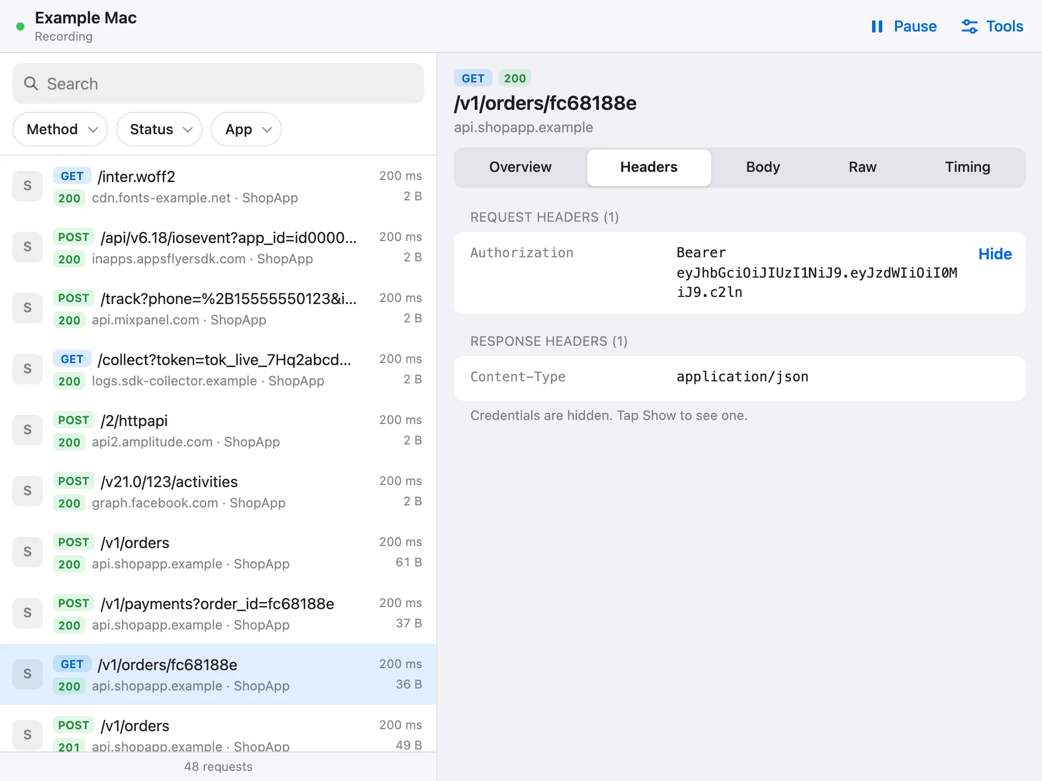 The web companion in a browser at tablet width: a list of requests with method, status, path, host, app, duration and size on the left, and the selected request's headers on the right with the Authorization value shown